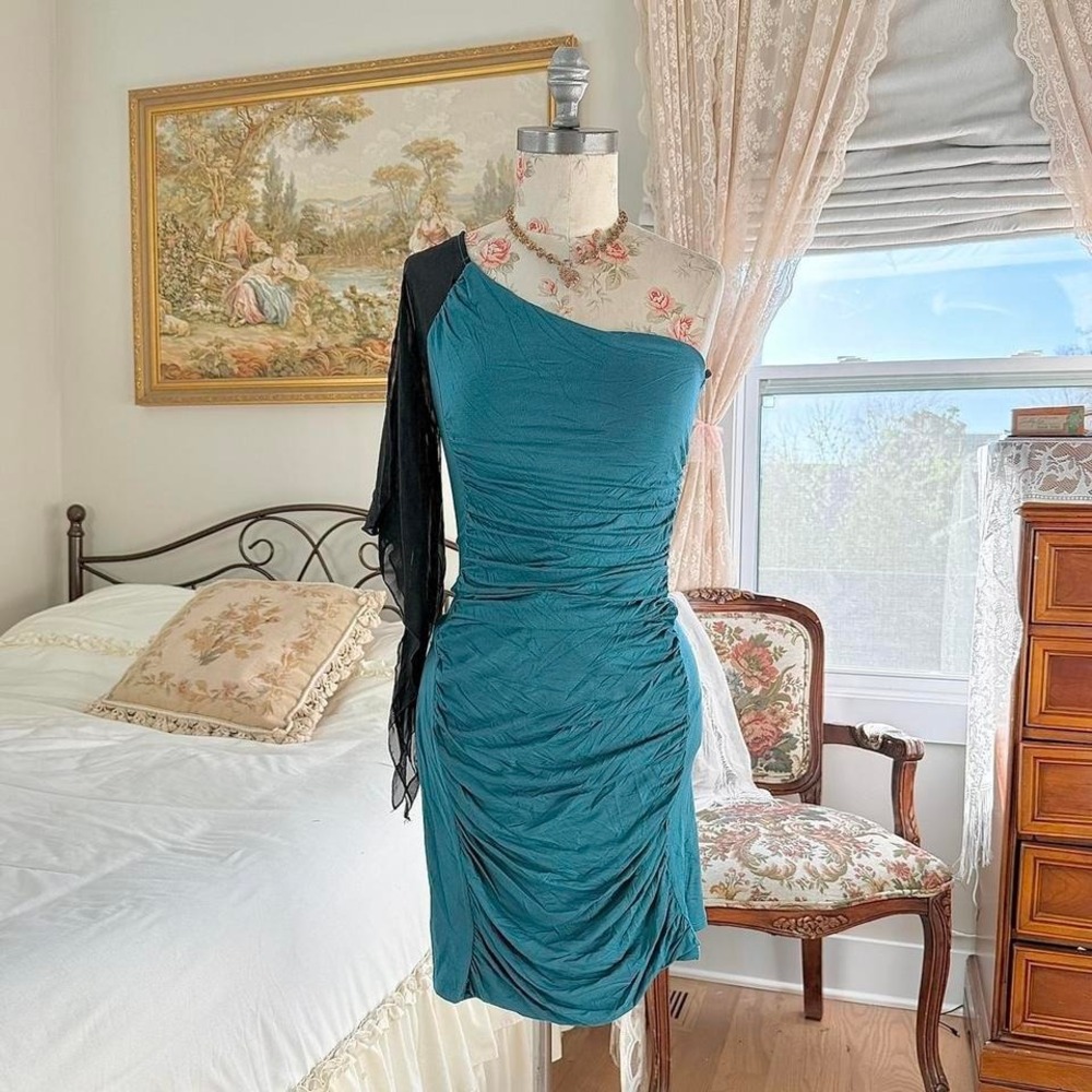 Y2K new mode teal one shoulder mini dress size large